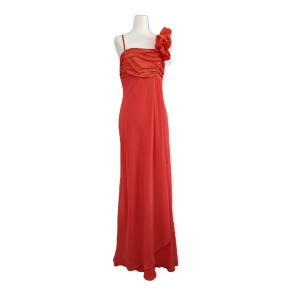 KiKi Hot Coral Slip Dress ~ Iridescent ruched bust with ruffle flower - Picture 1 of 11